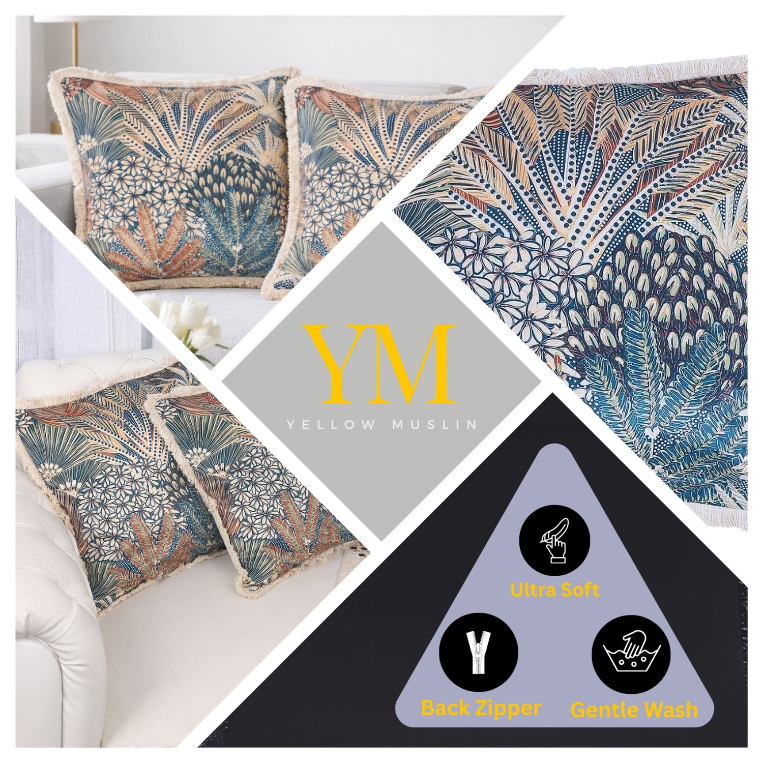Multicolour Velvet Cushion Covers Set of 2, 18 x 18 Inch Decorative Throw Pillow Covers with Fringe Edges, Abstract Tropical Beach Palm Botanical Print for Sofa, Bedroom & Chair