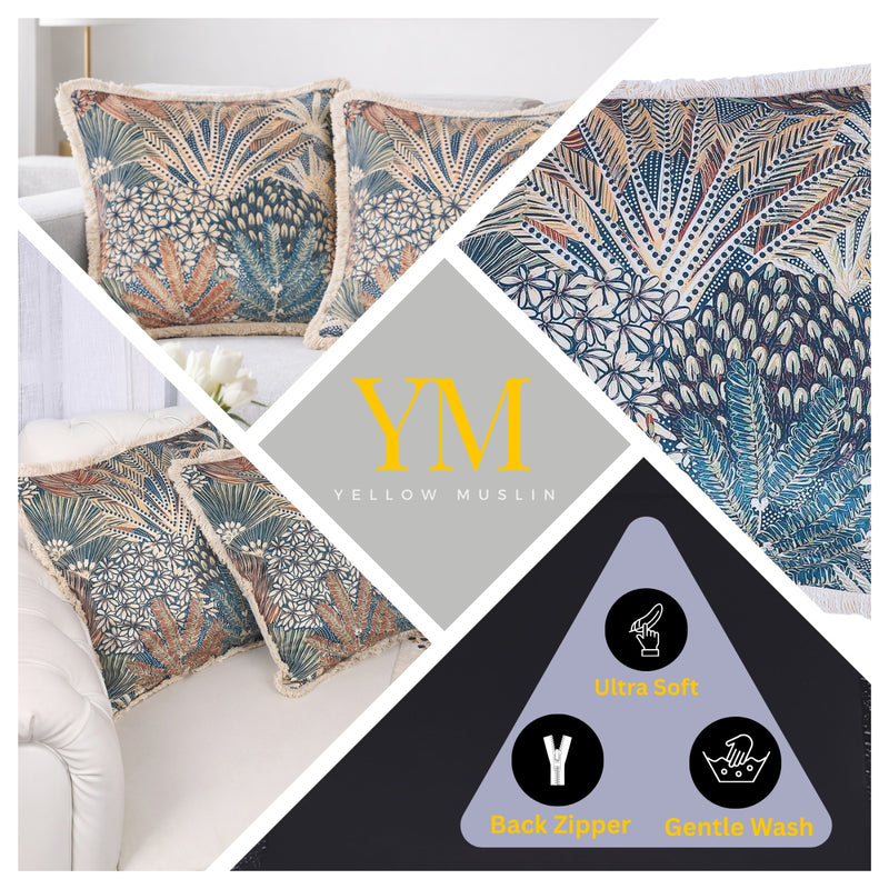 Multicolour Velvet Cushion Covers Set of 2, 18 x 18 Inch Decorative Throw Pillow Covers with Fringe Edges, Abstract Tropical Beach Palm Botanical Print for Sofa, Bedroom & Chair