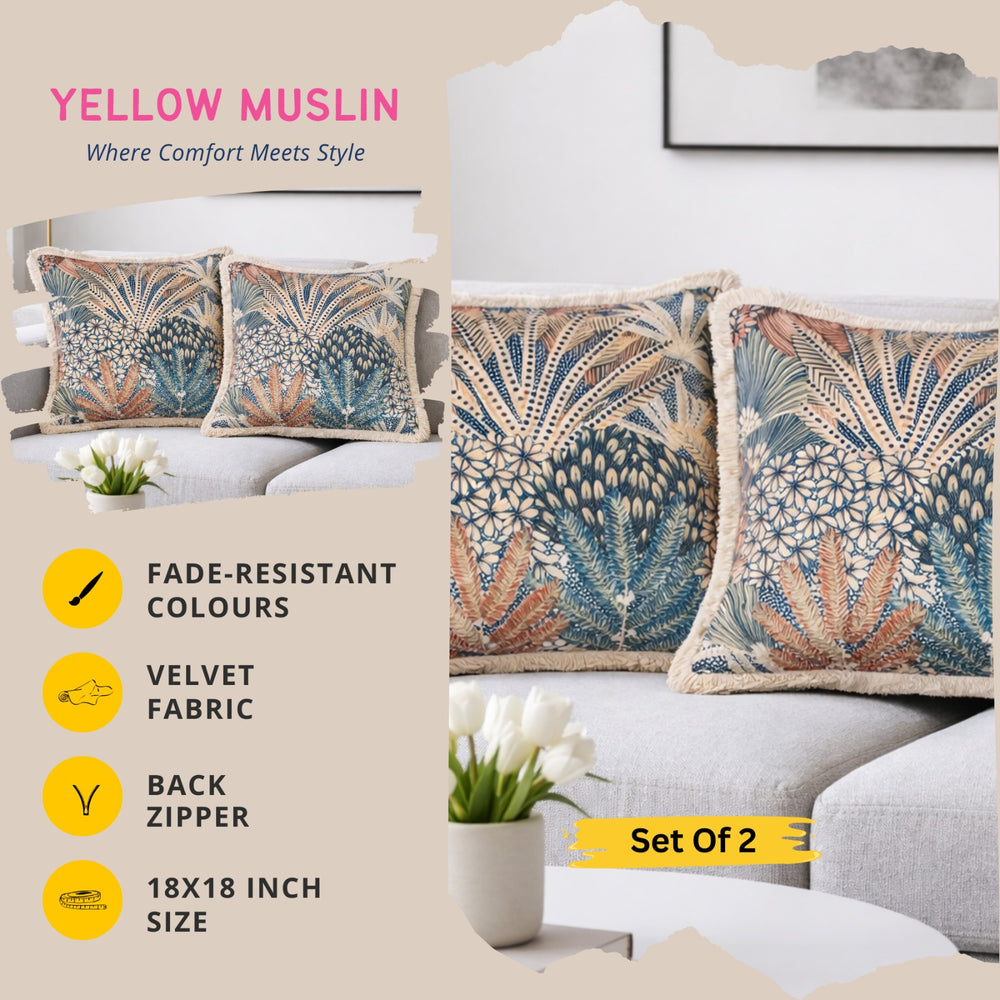 Multicolour Velvet Cushion Covers Set of 2, 18 x 18 Inch Decorative Throw Pillow Covers with Fringe Edges, Abstract Tropical Beach Palm Botanical Print for Sofa, Bedroom & Chair