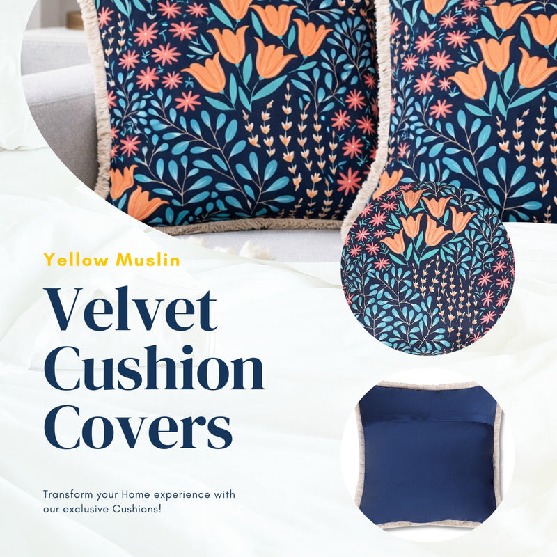 Multicolour Velvet Cushion Covers Set of 2, 18 x 18 Inch Decorative Throw Pillow Covers for Sofa & Bed, Abstract Blue Floral Botanical Print with Fringe Edges, Stylish Cushion Covers