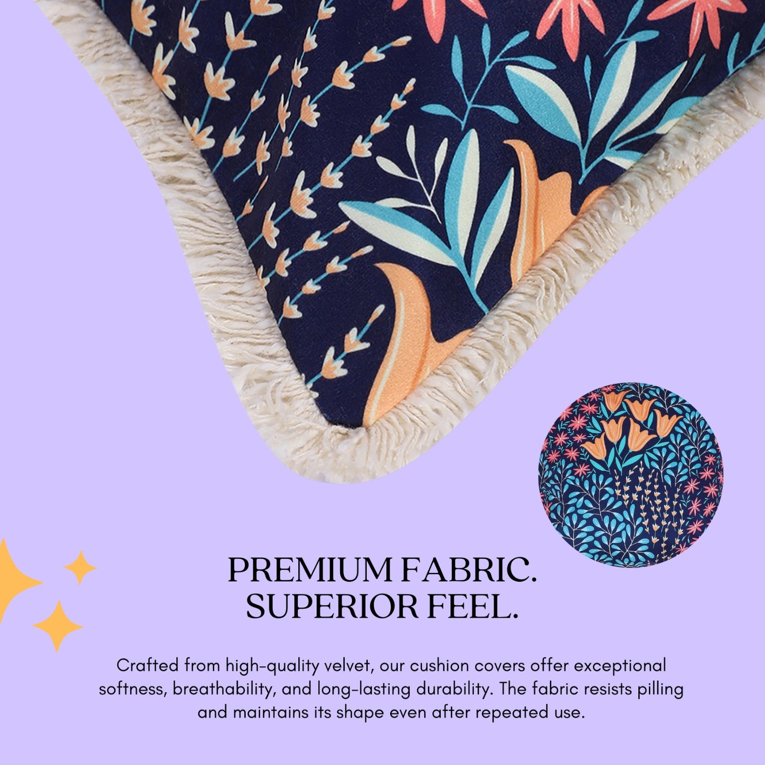 Multicolour Velvet Cushion Covers Set of 2, 18 x 18 Inch Decorative Throw Pillow Covers for Sofa & Bed, Abstract Blue Floral Botanical Print with Fringe Edges, Stylish Cushion Covers