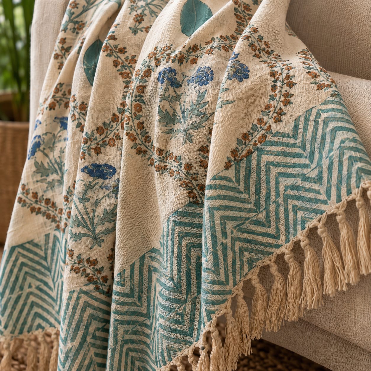 Teal Garden Heritage Hand Block Printed Throw