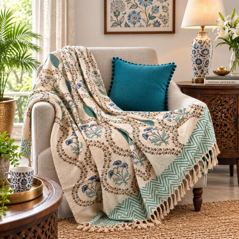 Teal Garden Heritage Hand Block Printed Throw