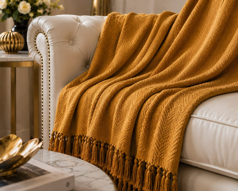 Mustard Herringbone Textured Throw