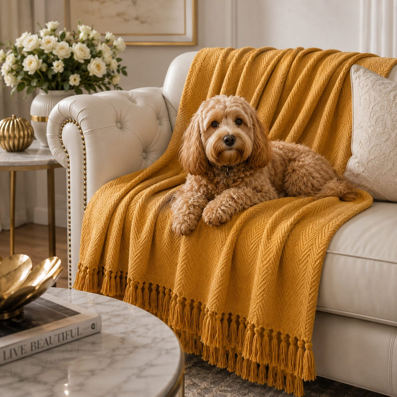 Mustard Herringbone Textured Throw