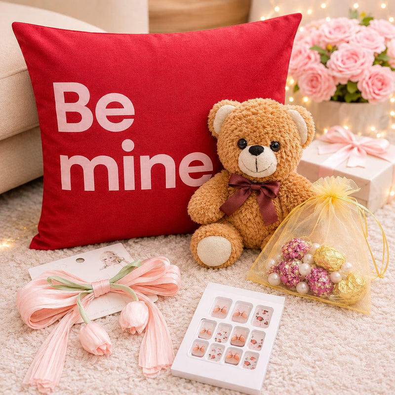 Gift Set for Her with Velvet Cushion, Teddy Bear, Chocolates, Hair Clips & Nail Art