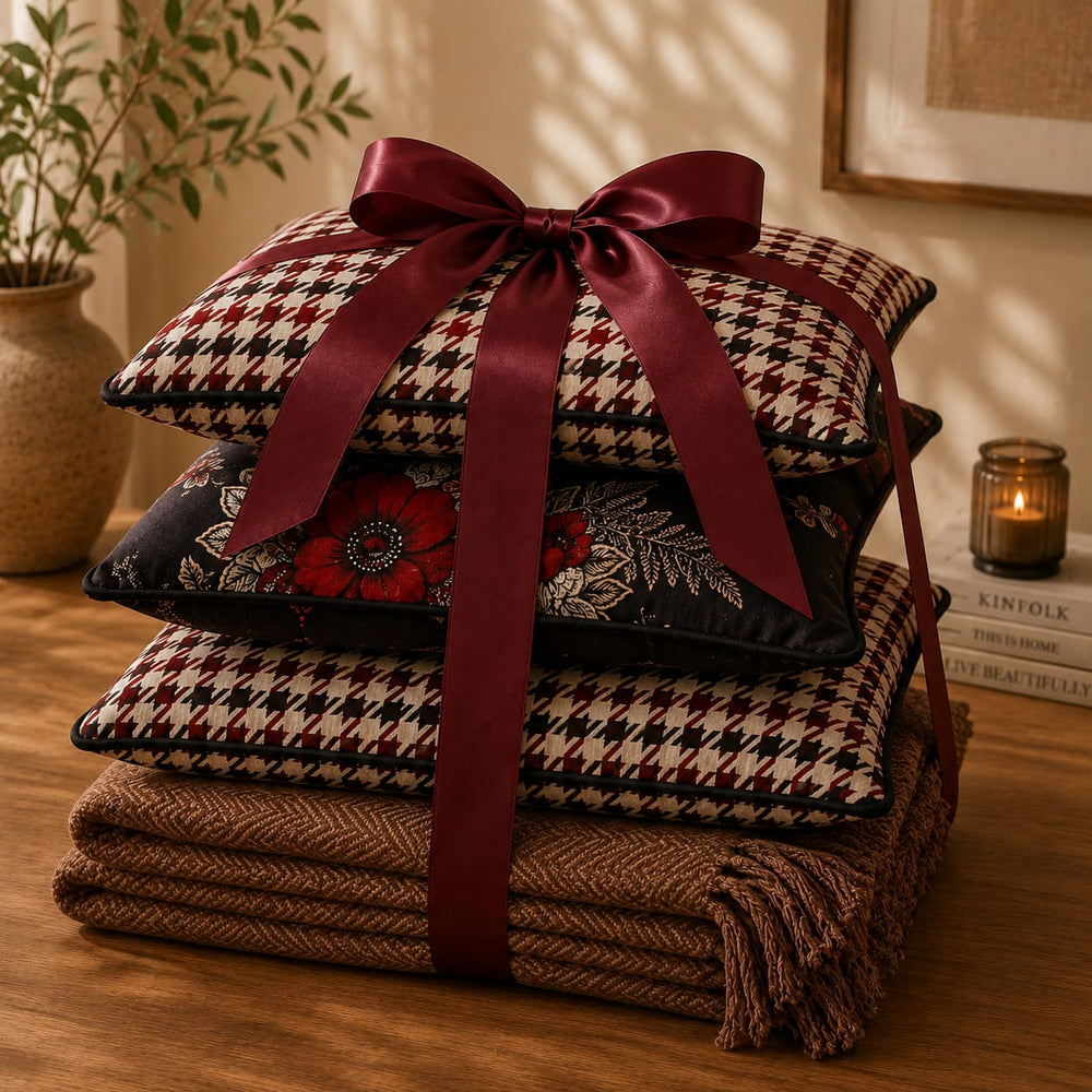 Yellow Muslin Embroidered Cushion Set of 3 with Woven Herringbone Throw