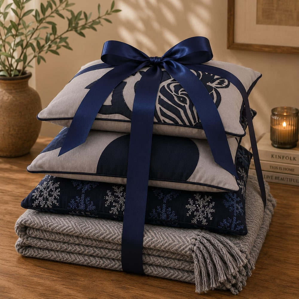 Yellow Muslin Luxe Zebra Cushion & Grey Herringbone Throw Gift Set