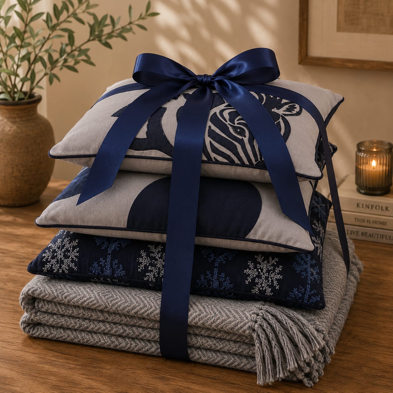 Yellow Muslin Luxe Zebra Cushion & Grey Herringbone Throw Gift Set