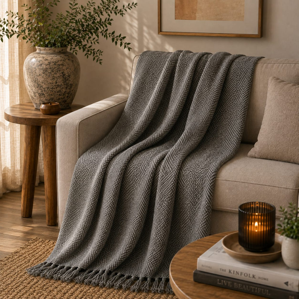 Yellow Muslin Luxe Zebra Cushion & Grey Herringbone Throw Gift Set