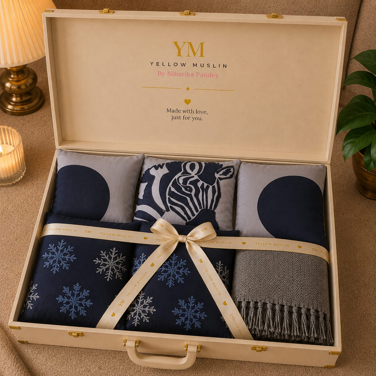 Yellow Muslin Luxe Zebra Cushion & Grey Herringbone Throw Gift Set