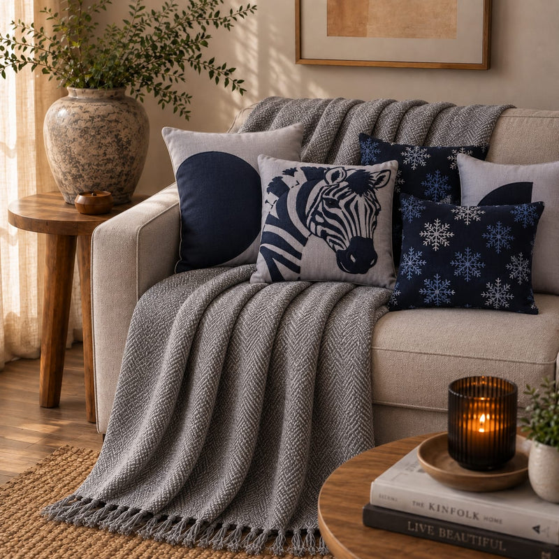Yellow Muslin Luxe Zebra Cushion & Grey Herringbone Throw Gift Set