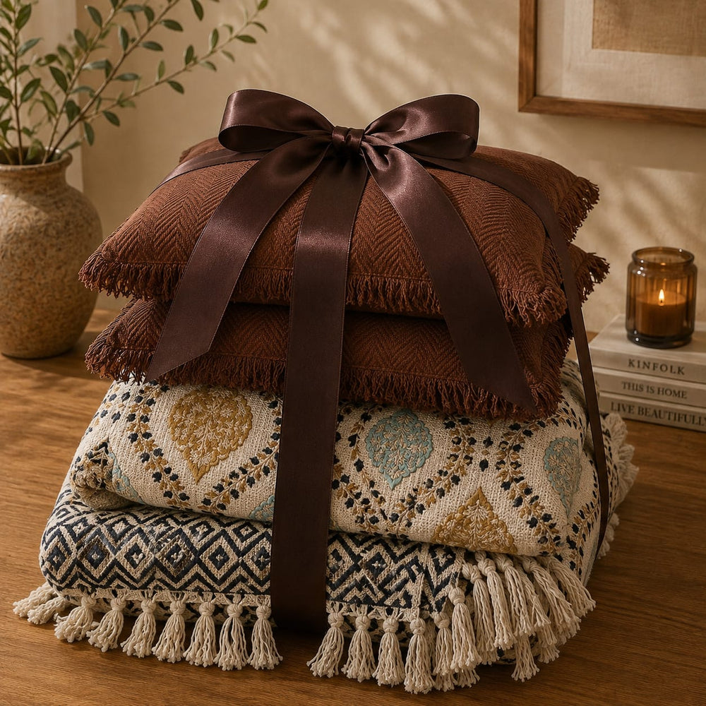 The Artisan Luxe Gift Set – Statement Throw with 2 Fringed Cushions