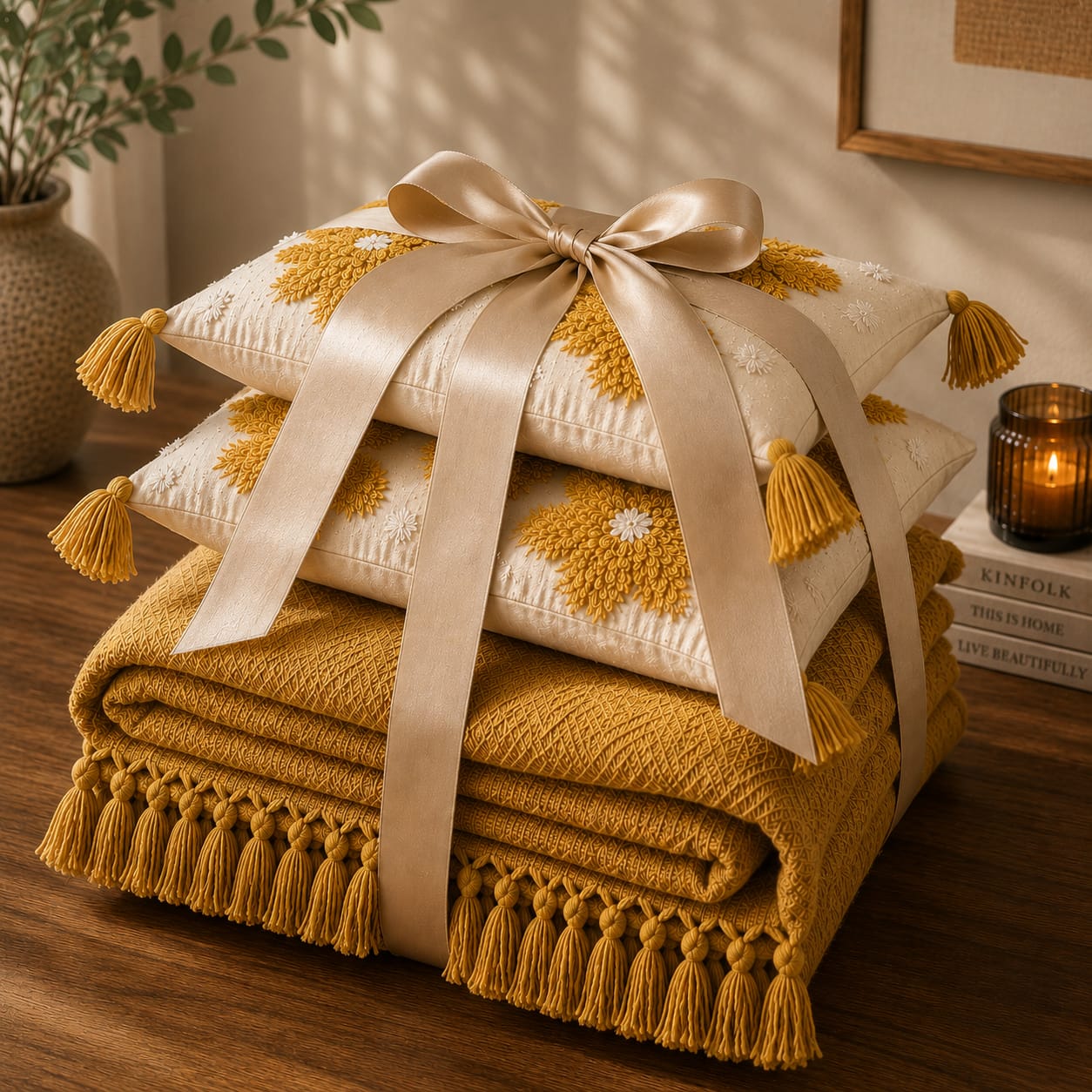 Yellow Muslin Signature Luxury Throw & Embroidered Cushion Gift Set