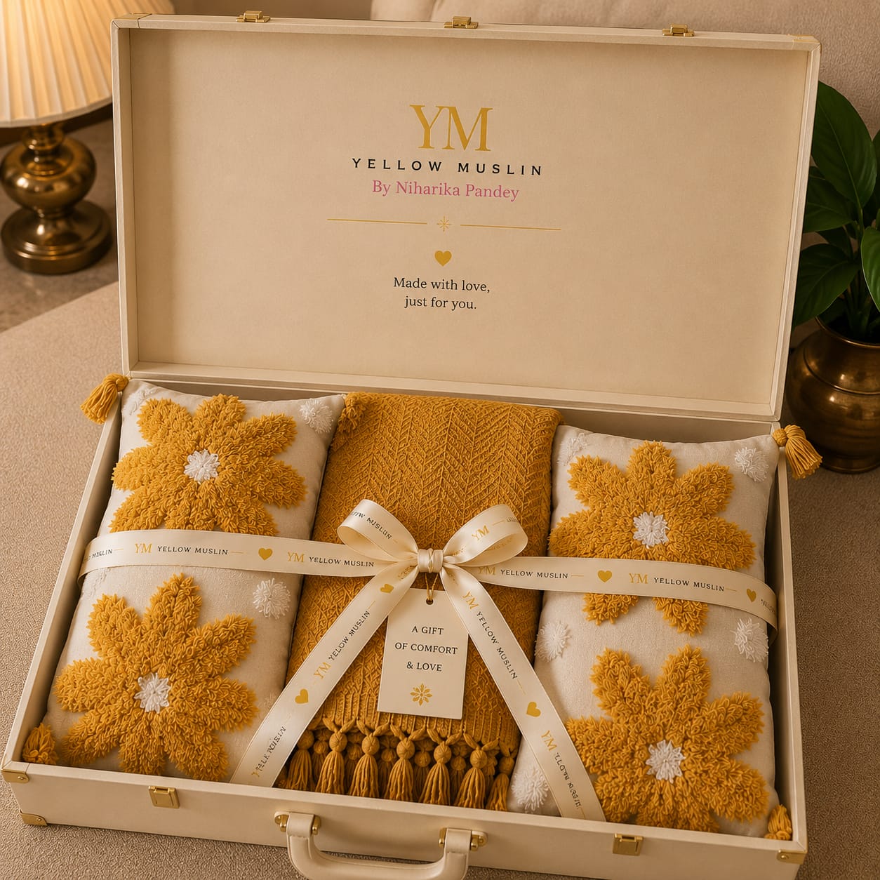 Yellow Muslin Signature Luxury Throw & Embroidered Cushion Gift Set