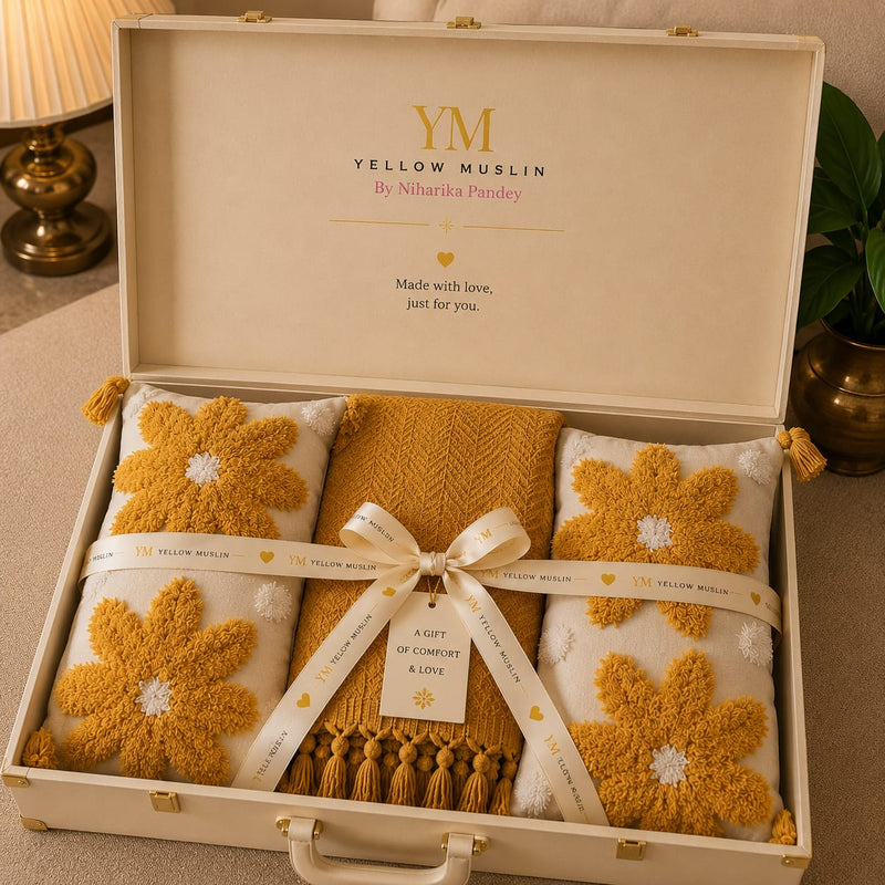 Yellow Muslin Signature Luxury Throw & Embroidered Cushion Gift Set