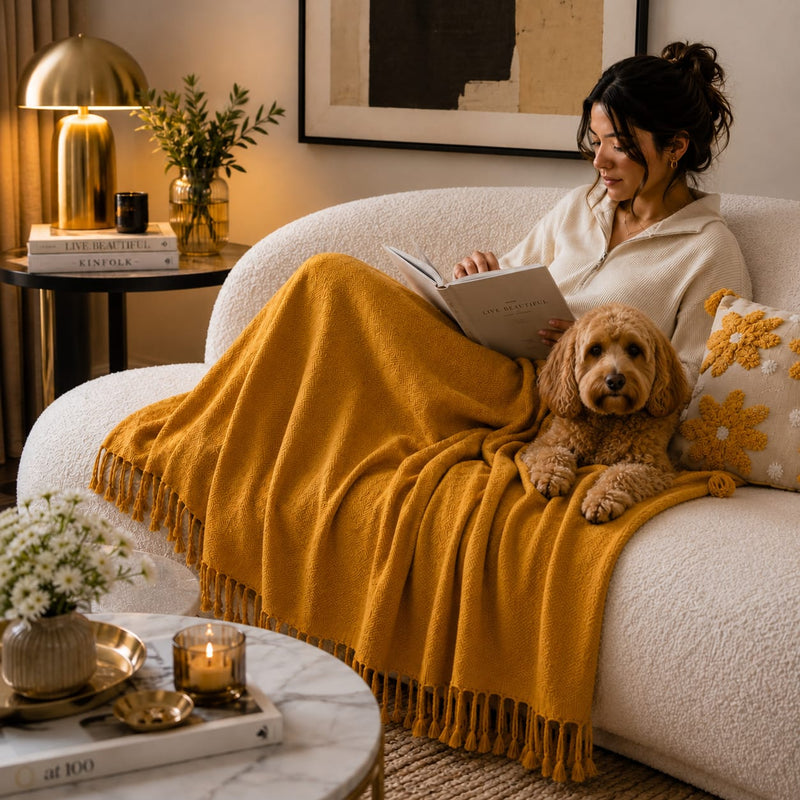 Yellow Muslin Signature Luxury Throw & Embroidered Cushion Gift Set