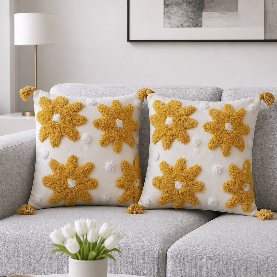 Yellow Muslin Signature Luxury Throw & Embroidered Cushion Gift Set