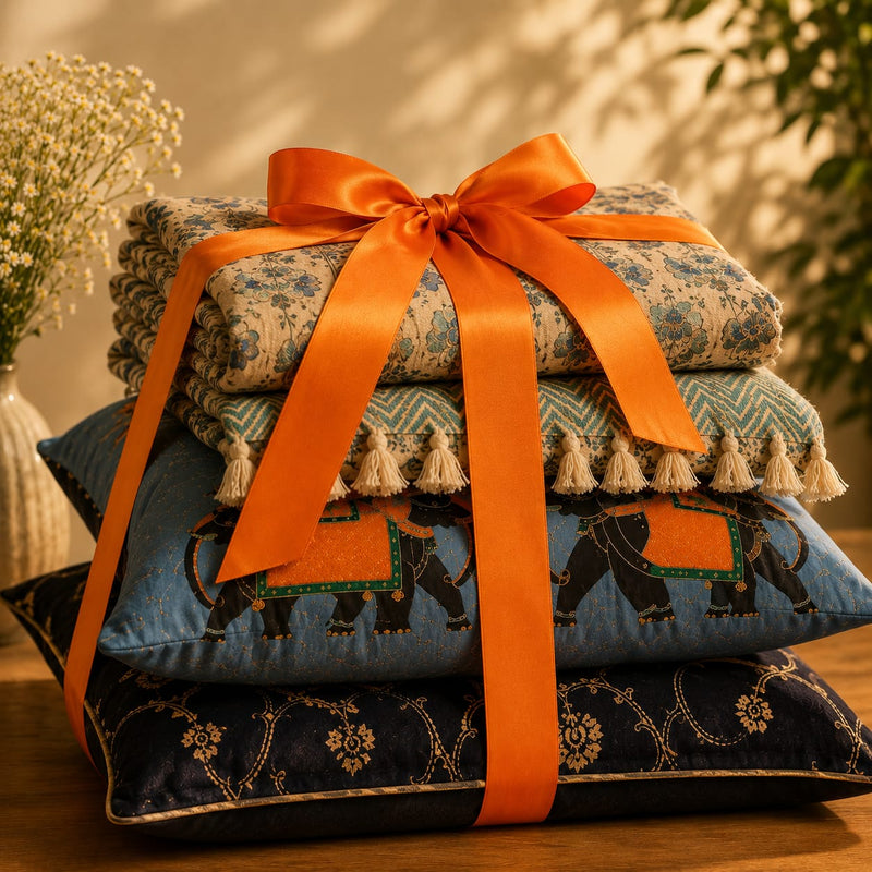 Yellow Muslin Elephant Heritage Gift Set – 5 Embroidered Cushion Covers with Handcrafted Cotton Throw