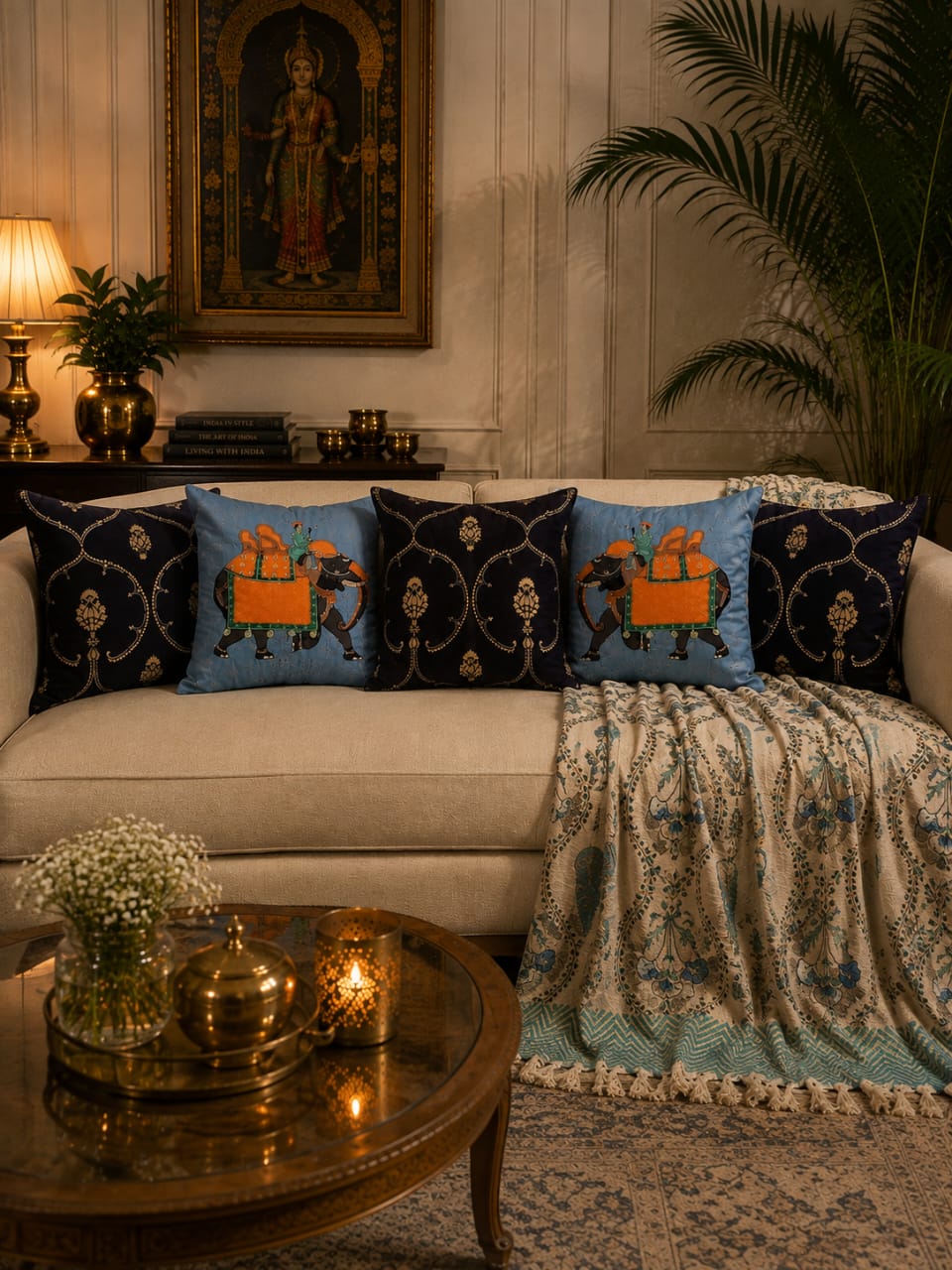 Yellow Muslin Elephant Heritage Gift Set – 5 Embroidered Cushion Covers with Handcrafted Cotton Throw