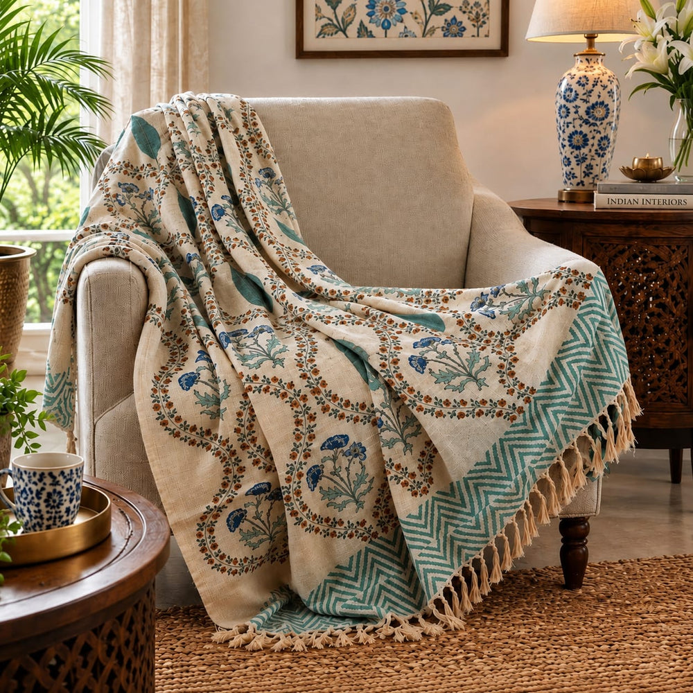 Yellow Muslin Elephant Heritage Gift Set – 5 Embroidered Cushion Covers with Handcrafted Cotton Throw