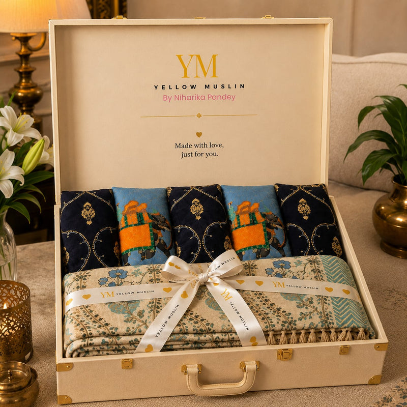 Yellow Muslin Elephant Heritage Gift Set – 5 Embroidered Cushion Covers with Handcrafted Cotton Throw