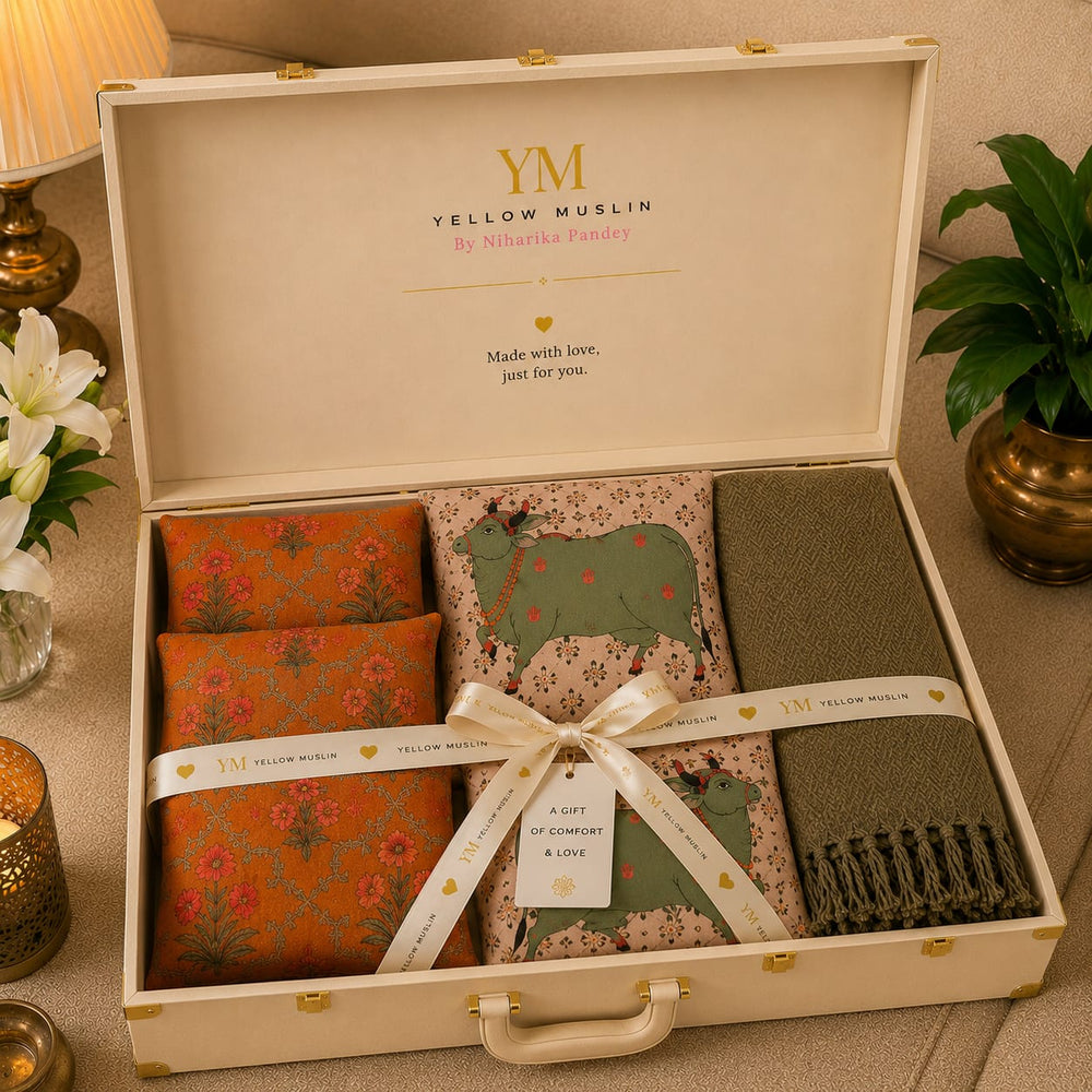 The Nandi Heritage Luxury Gift Set – 5 Embroidered Cushion Covers with Woven Olive Herringbone Cotton Throw