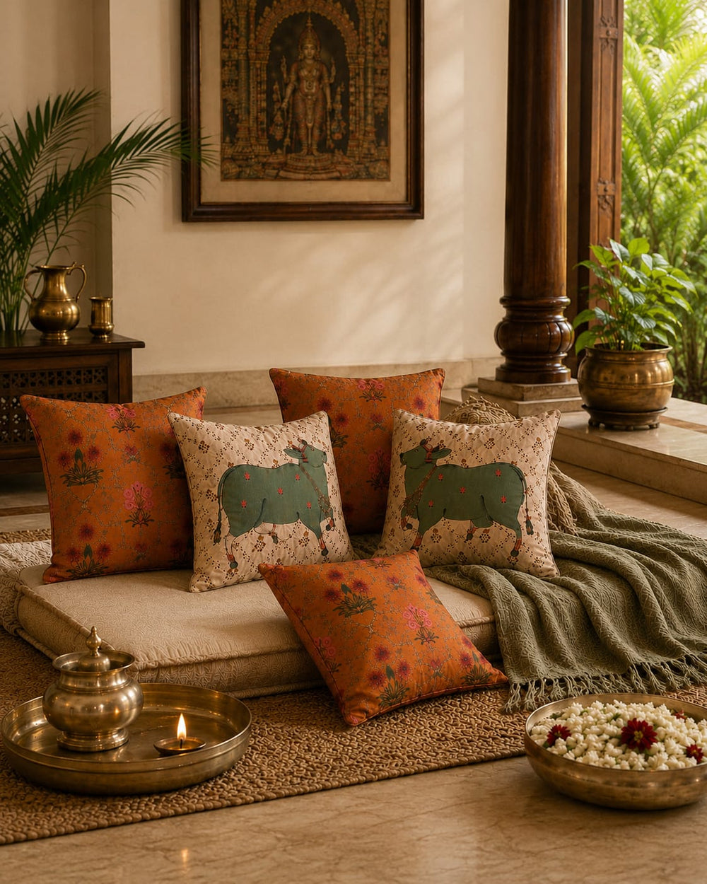 The Nandi Heritage Luxury Gift Set – 5 Embroidered Cushion Covers with Woven Olive Herringbone Cotton Throw