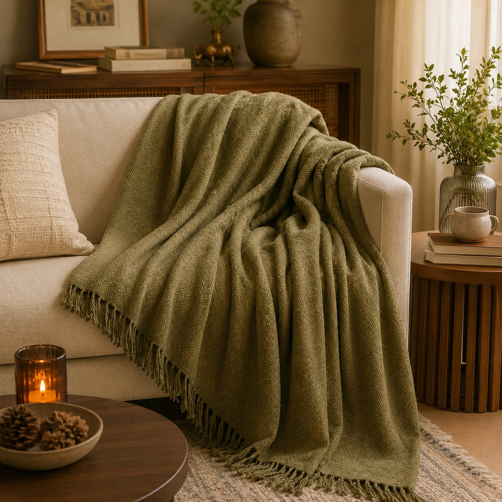 The Nandi Heritage Luxury Gift Set – 5 Embroidered Cushion Covers with Woven Olive Herringbone Cotton Throw
