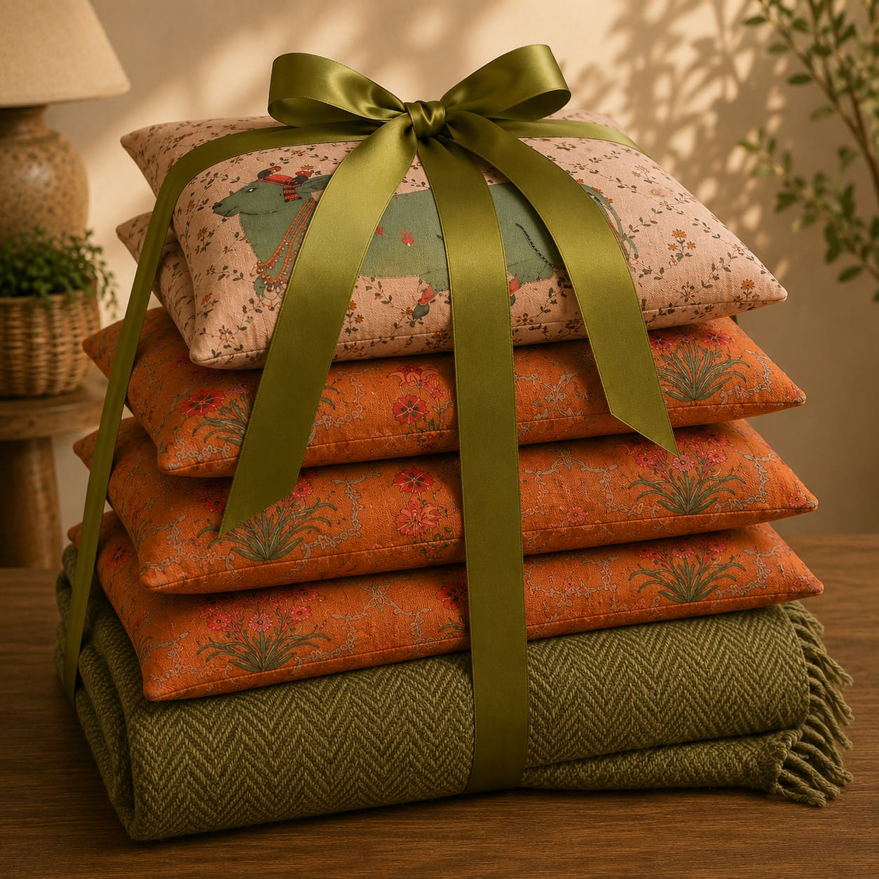 The Nandi Heritage Luxury Gift Set – 5 Embroidered Cushion Covers with Woven Olive Herringbone Cotton Throw
