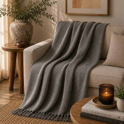 Grey Herringbone Weave Cotton Throw
