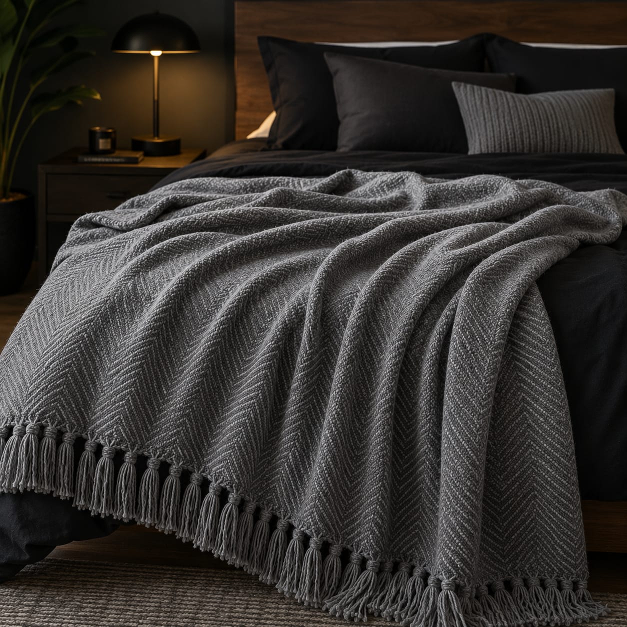Grey Herringbone Weave Cotton Throw