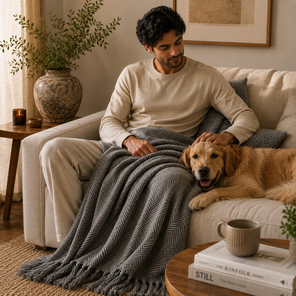 Grey Herringbone Weave Cotton Throw