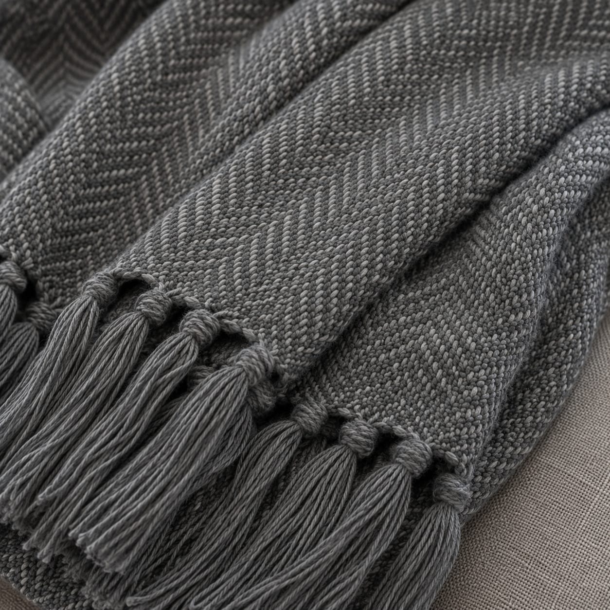 Grey Herringbone Weave Cotton Throw