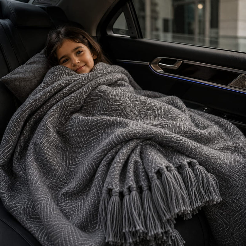 Grey Herringbone Weave Cotton Throw