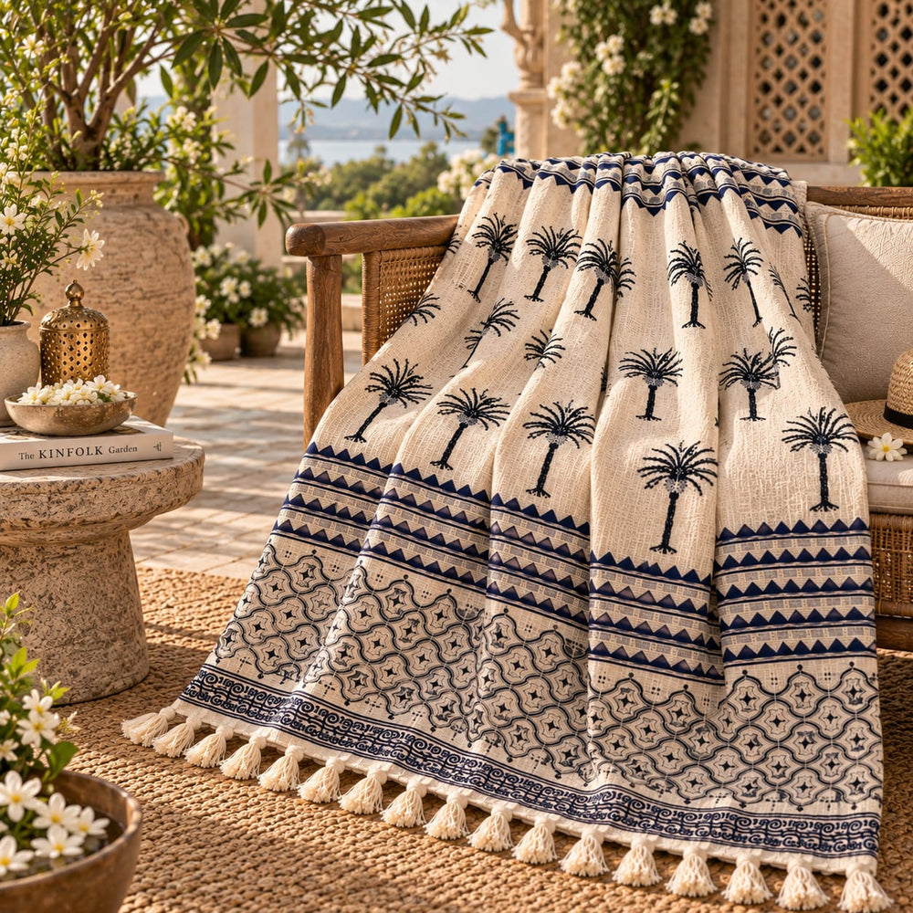 Black & Ivory Palm Tree Printed Cotton Throw | All-Season