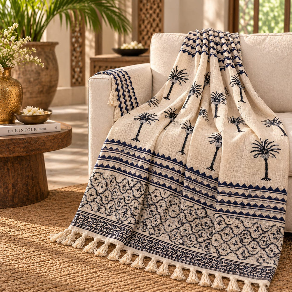 Black & Ivory Palm Tree Printed Cotton Throw | All-Season