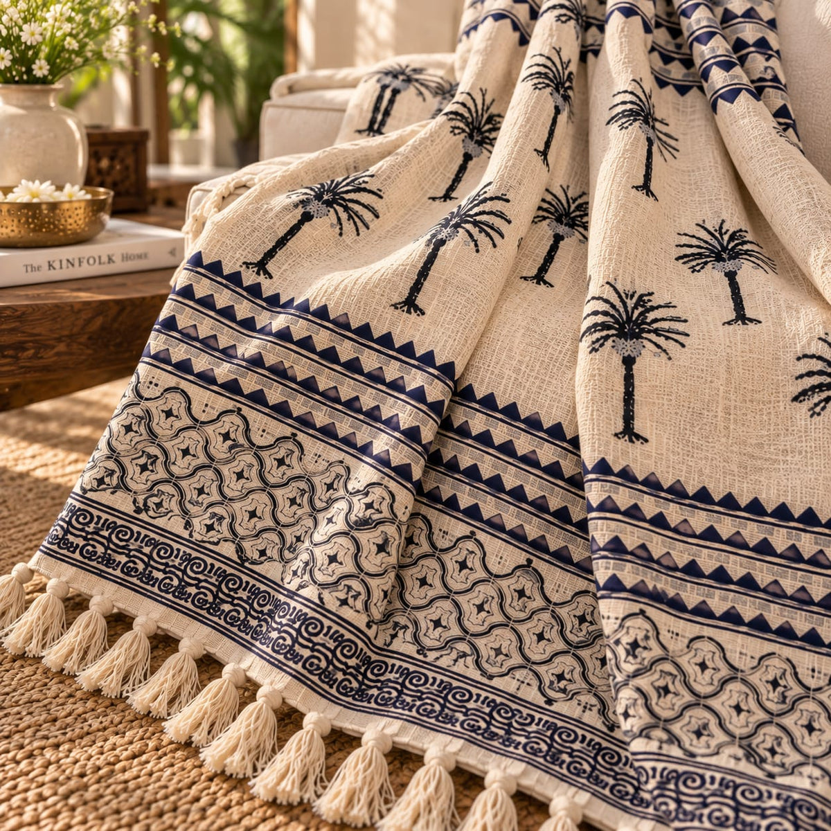 Black & Ivory Palm Tree Printed Cotton Throw | All-Season
