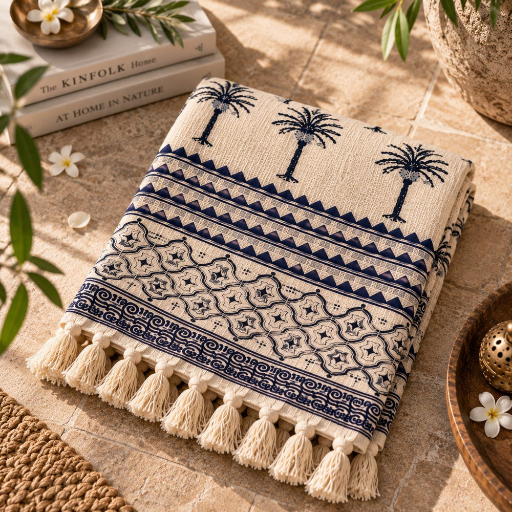 Black & Ivory Palm Tree Printed Cotton Throw | All-Season
