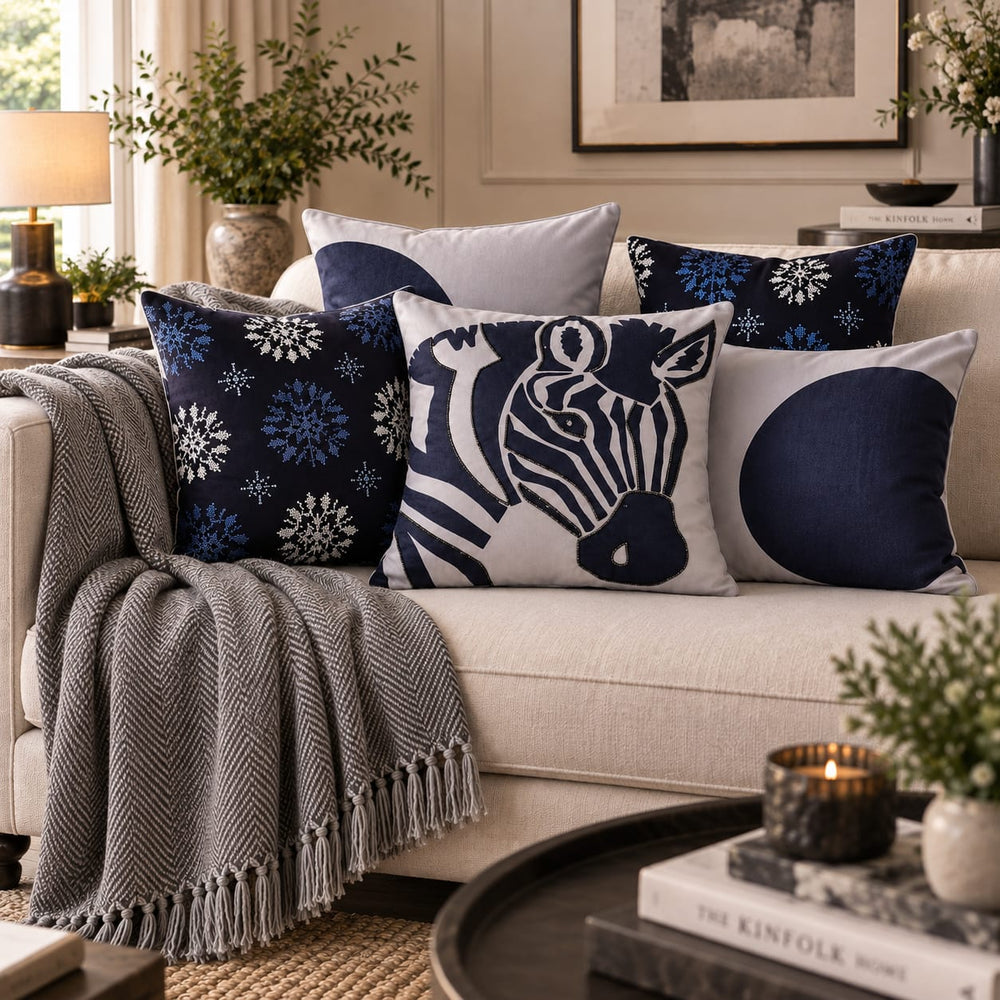 Indigo Safari Hand Embroidered Cushion Cover – Set of 5