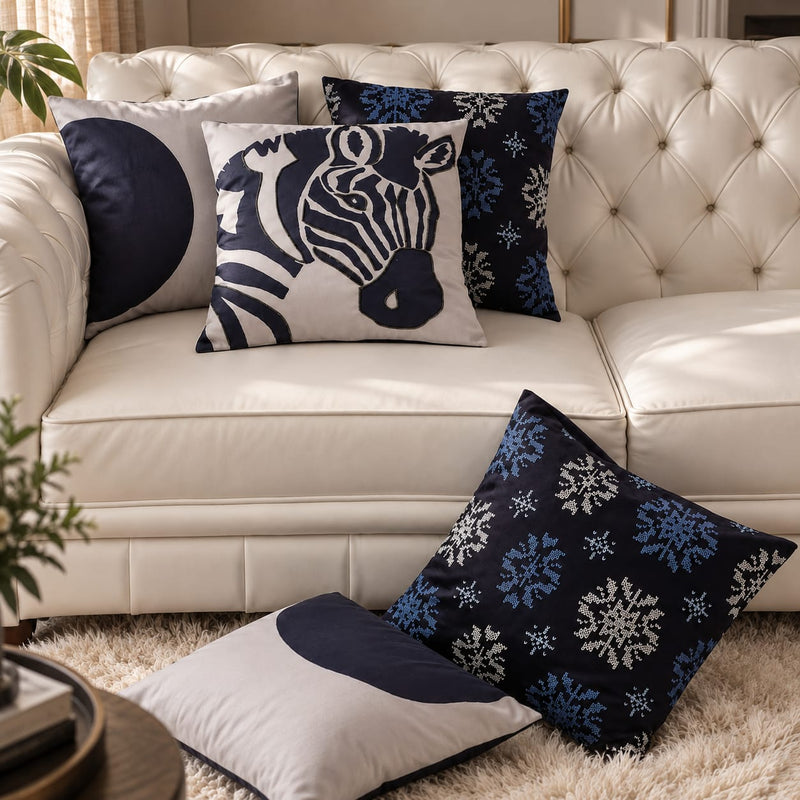 Indigo Safari Hand Embroidered Cushion Cover – Set of 5