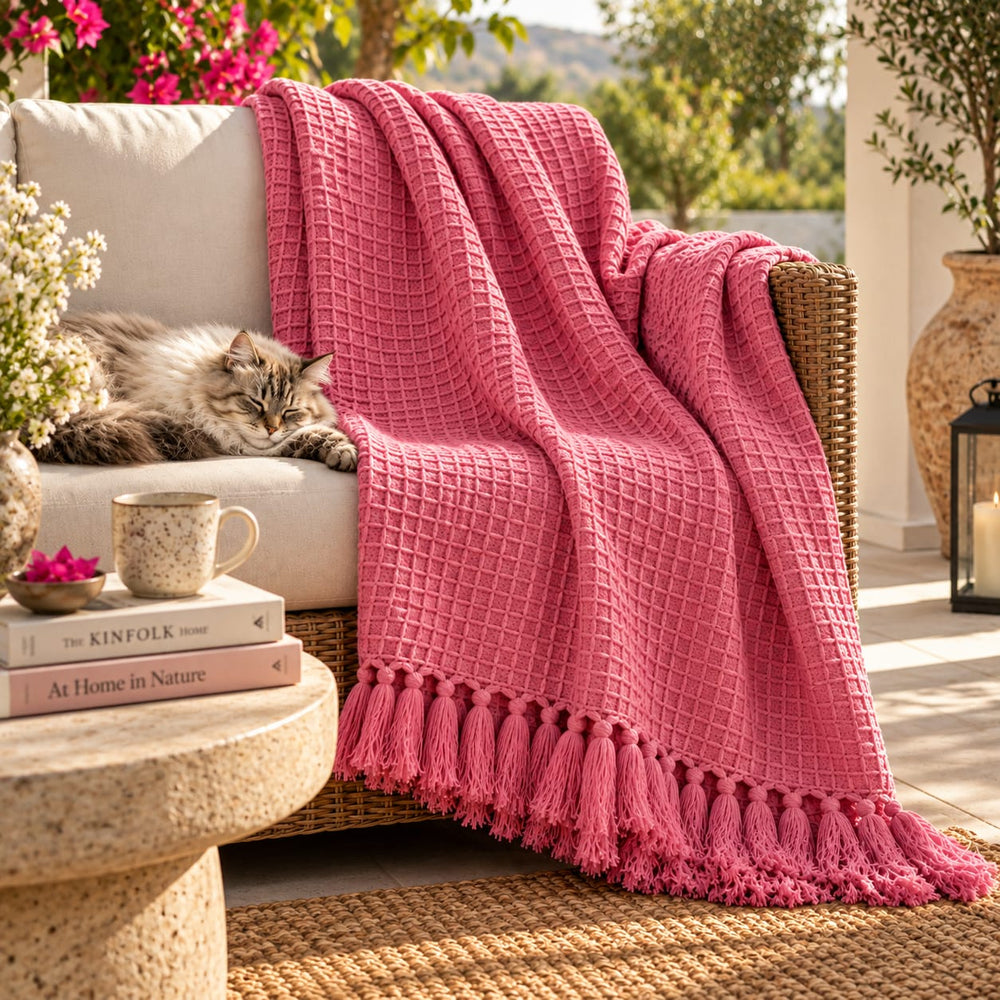 Pink Handcrafted Textured Cotton Throw with Tassel Fringe | All-Season Home Décor