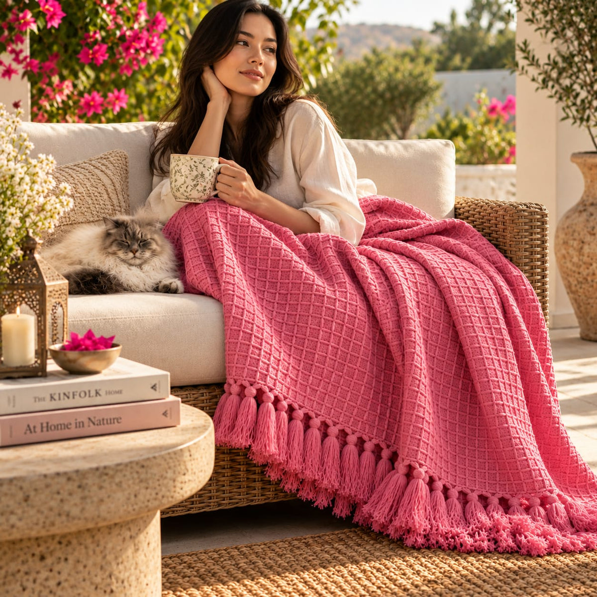 Pink Handcrafted Textured Cotton Throw with Tassel Fringe | All-Season Home Décor