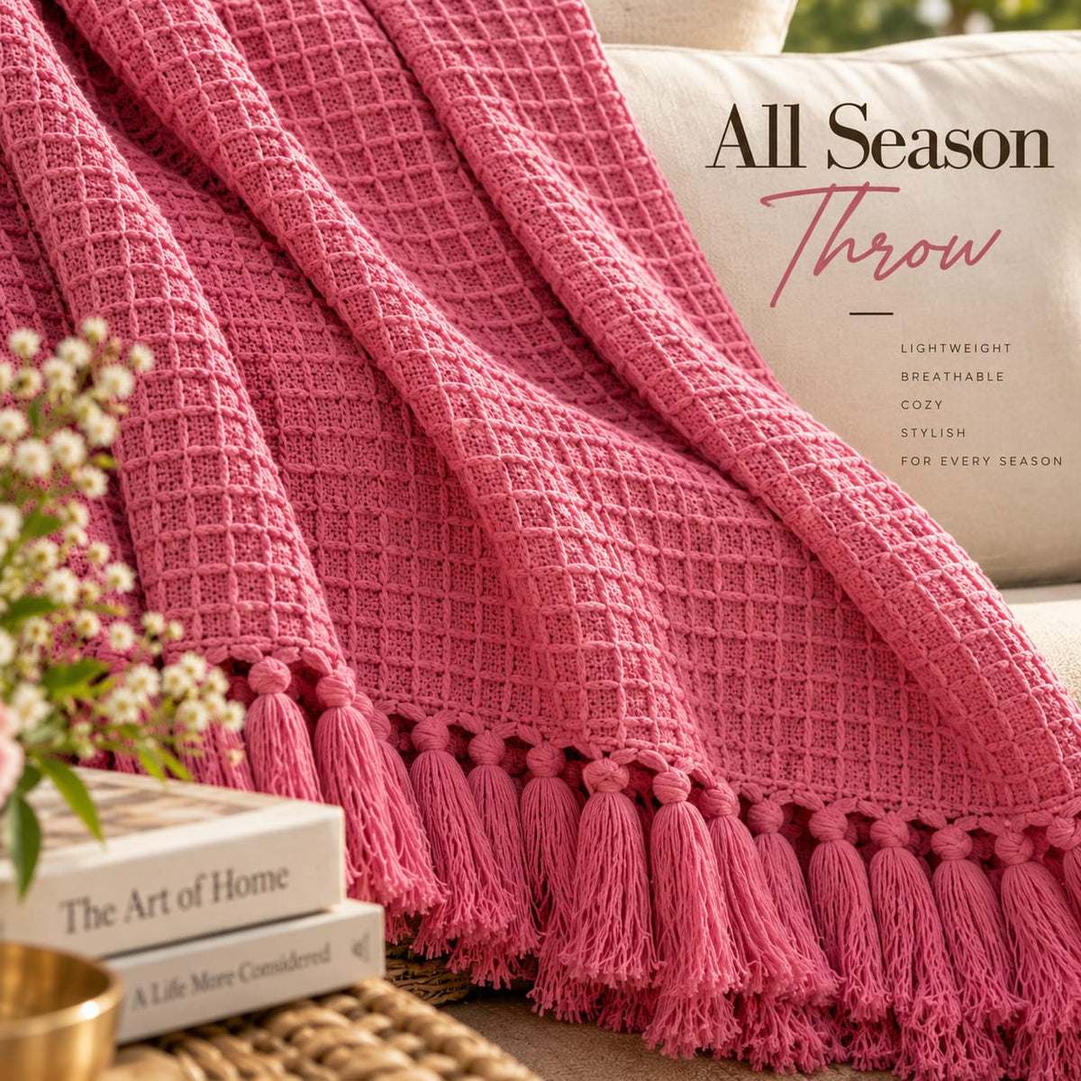 Pink Handcrafted Textured Cotton Throw with Tassel Fringe | All-Season Home Décor