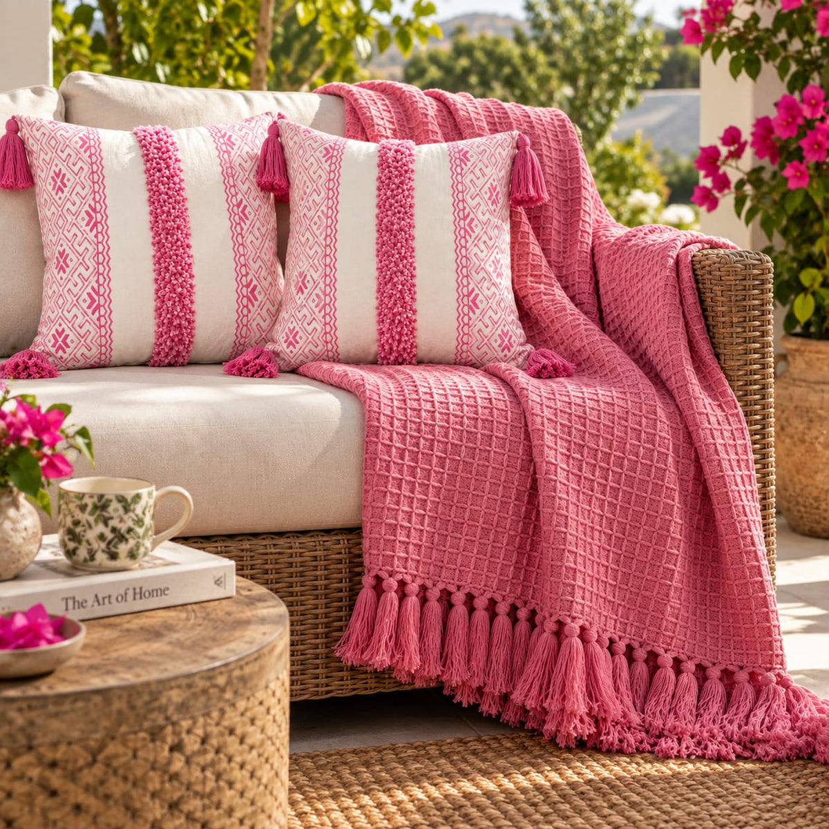 Pink Handcrafted Textured Cotton Throw with Tassel Fringe | All-Season Home Décor
