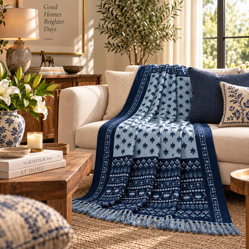 Blue Heritage Folk Hand Printed Throw