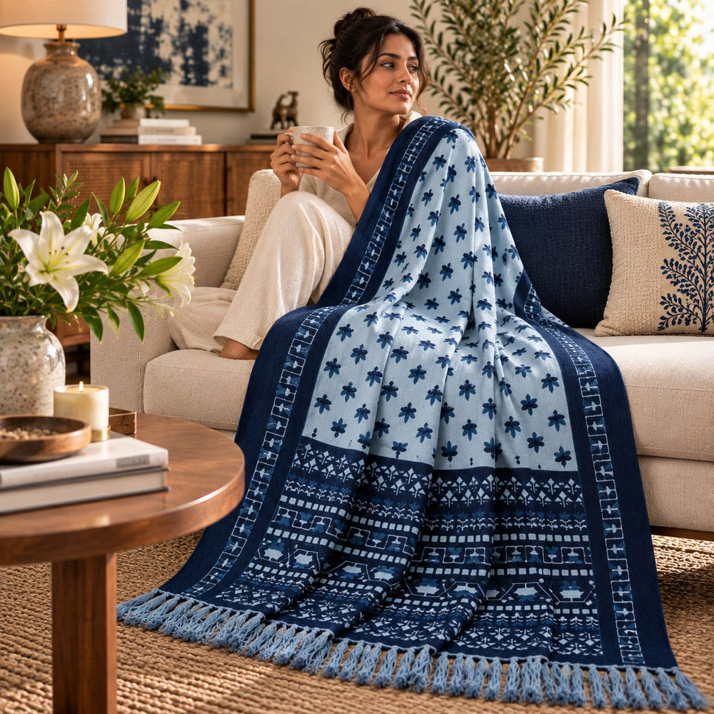 Blue Heritage Folk Hand Printed Throw