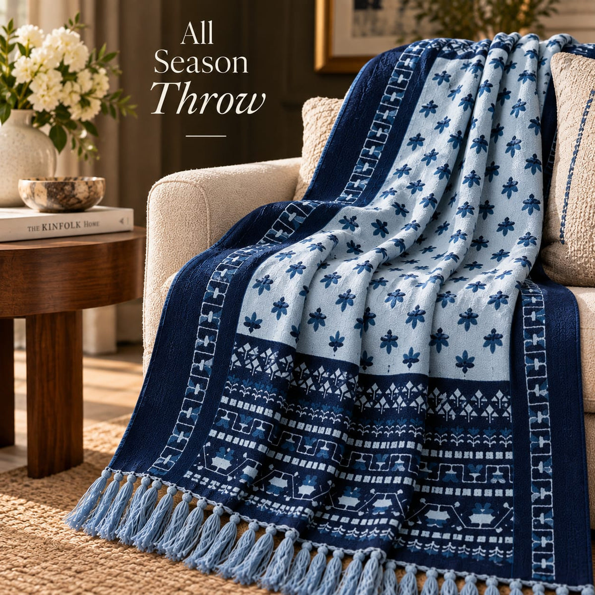 Blue Heritage Folk Hand Printed Throw