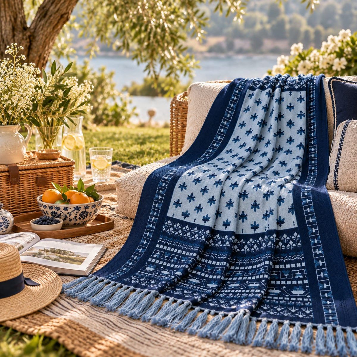 Blue Heritage Folk Hand Printed Throw