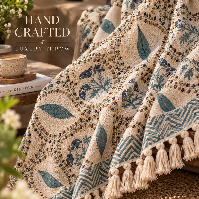 Teal Garden Heritage Hand Block Printed Throw